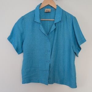 Ellie Tahari 100% Linen Blue Button-Down Shirt